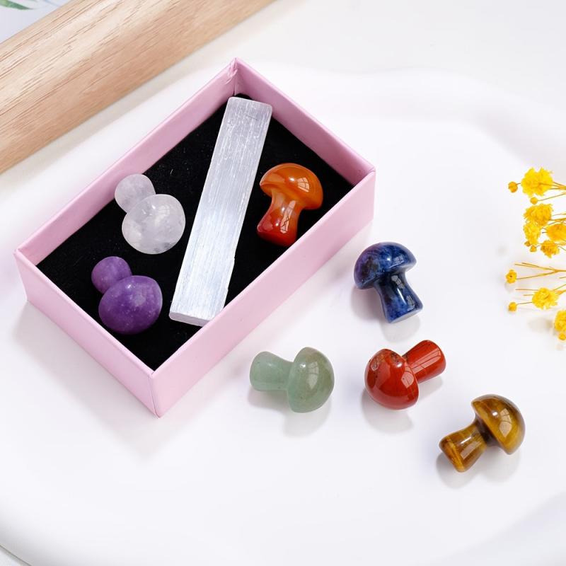 7pcs Seven Chakra Crystal Mushrooms With Selenite Slab Energy Mineral