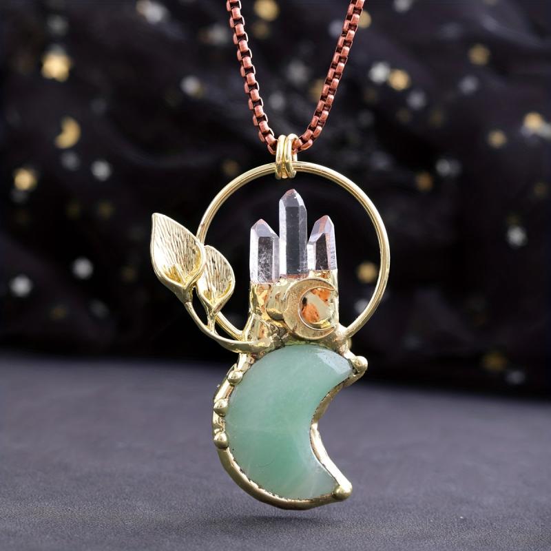 Retro Crystal Leaf Crescent Pendant Necklace for Mothers and Girlfriends
