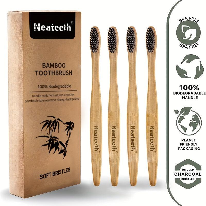 4pcs Bamboo Charcoal Toothbrushes Soft Bristles Manual Wooden Hand