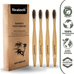4pcs Bamboo Charcoal Toothbrushes Soft Bristles Manual Wooden Hand
