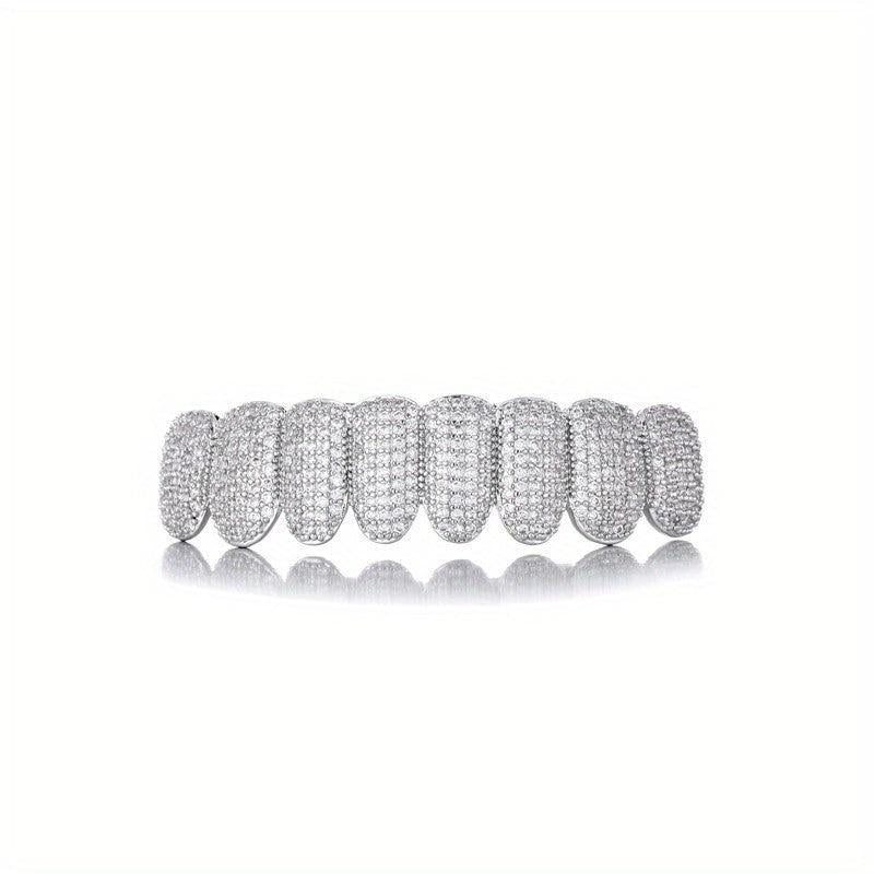 18k Plated Teeth Grillz Iced Out Top & Bottom - Hip Hop Rapper Jewelry