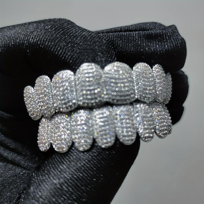 18k Plated Teeth Grillz Iced Out Top & Bottom - Hip Hop Rapper Jewelry