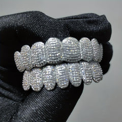 18k Plated Teeth Grillz Iced Out Top & Bottom - Hip Hop Rapper Jewelry