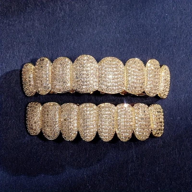 18k Plated Teeth Grillz Iced Out Top & Bottom - Hip Hop Rapper Jewelry