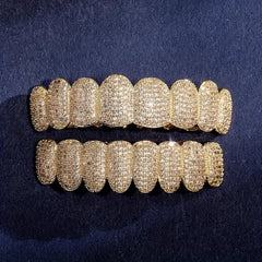18k Plated Teeth Grillz Iced Out Top & Bottom - Hip Hop Rapper Jewelry