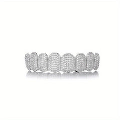 18k Plated Teeth Grillz Iced Out Top & Bottom - Hip Hop Rapper Jewelry
