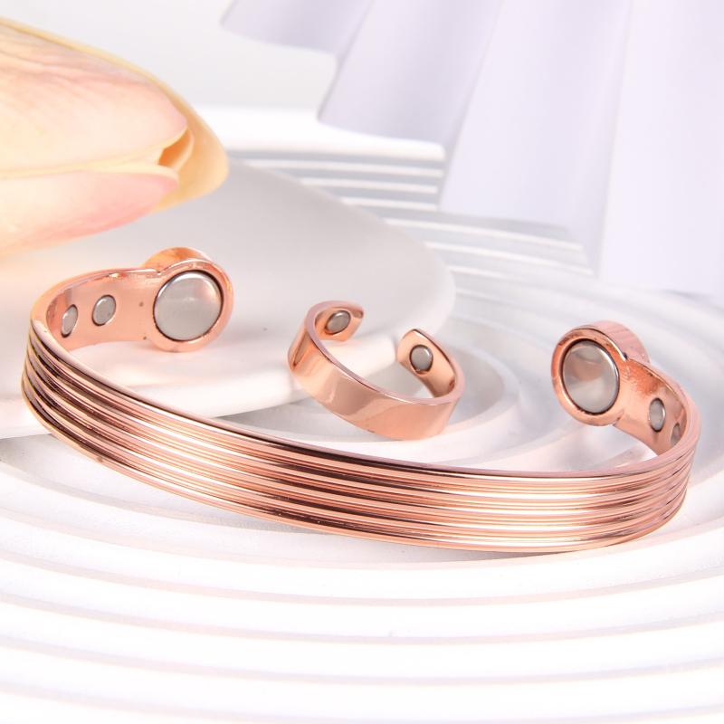 Lymph Detox Ring & Copper Bracelet Magnetic Set Women Rose Golden
