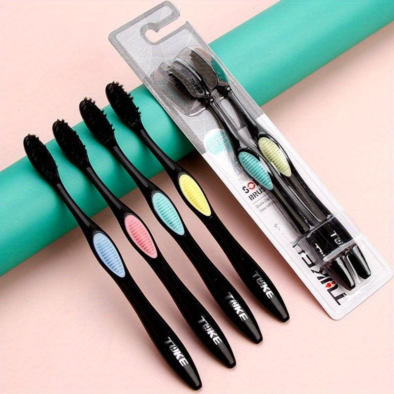 2pcs Bamboo Charcoal Bristle Toothbrushes for Oral Care, Soft Bristles