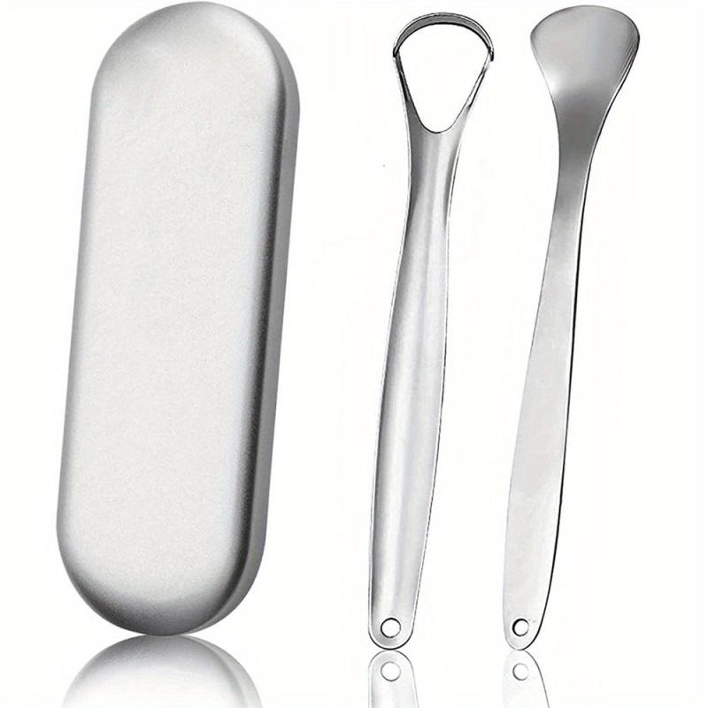 2pcs Stainless Steel Tongue Scrapers with Case for Oral Hygiene