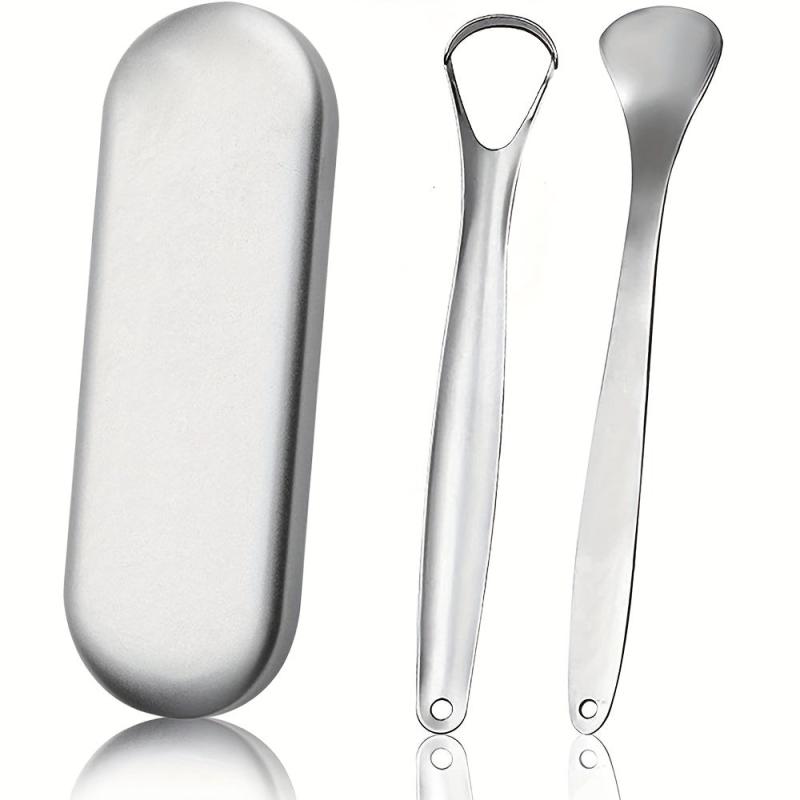 2pcs Stainless Steel Tongue Scrapers with Case for Oral Hygiene