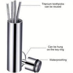Reusable Metal Toothpick Floss Pick Kit with Keychain Holder