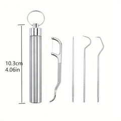 Reusable Metal Toothpick Floss Pick Kit with Keychain Holder