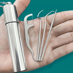 Reusable Metal Toothpick Floss Pick Kit with Keychain Holder