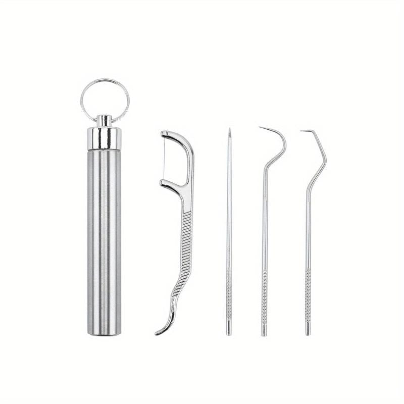 Reusable Metal Toothpick Floss Pick Kit with Keychain Holder