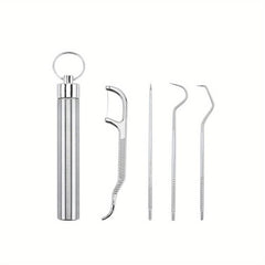 Reusable Metal Toothpick Floss Pick Kit with Keychain Holder