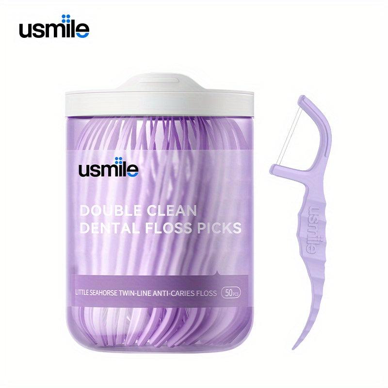 50pcs Little Seahorse Twin Line Dental Floss Picks Purple 5.08cm Teeth Cleaning