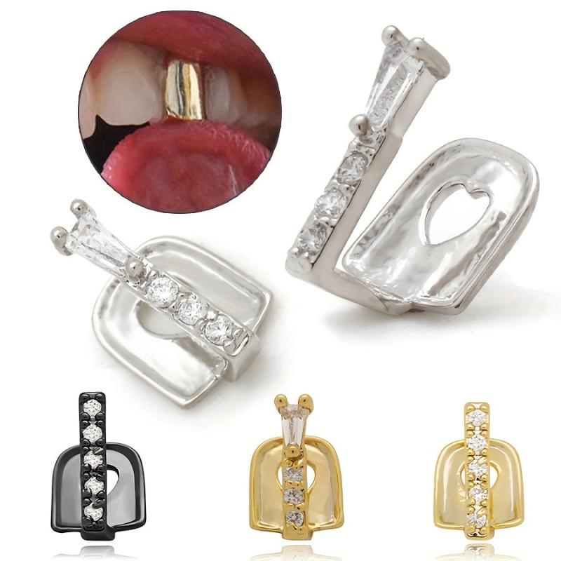 2pcs Micro Inlaid Zircon Stick Shaped Golden Grillz for Teeth