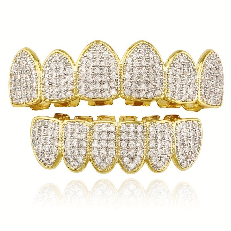 Bling Iced Out CZ Teeth Grillz Set Top&Bottom Golden Silvery Teeth Barbecue Hat