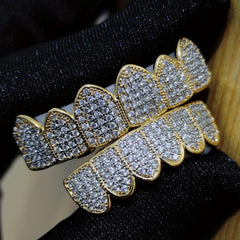 Bling Iced Out CZ Teeth Grillz Set Top&Bottom Golden Silvery Teeth Barbecue Hat
