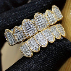 Bling Iced Out CZ Teeth Grillz Set Top&Bottom Golden Silvery Teeth Barbecue Hat