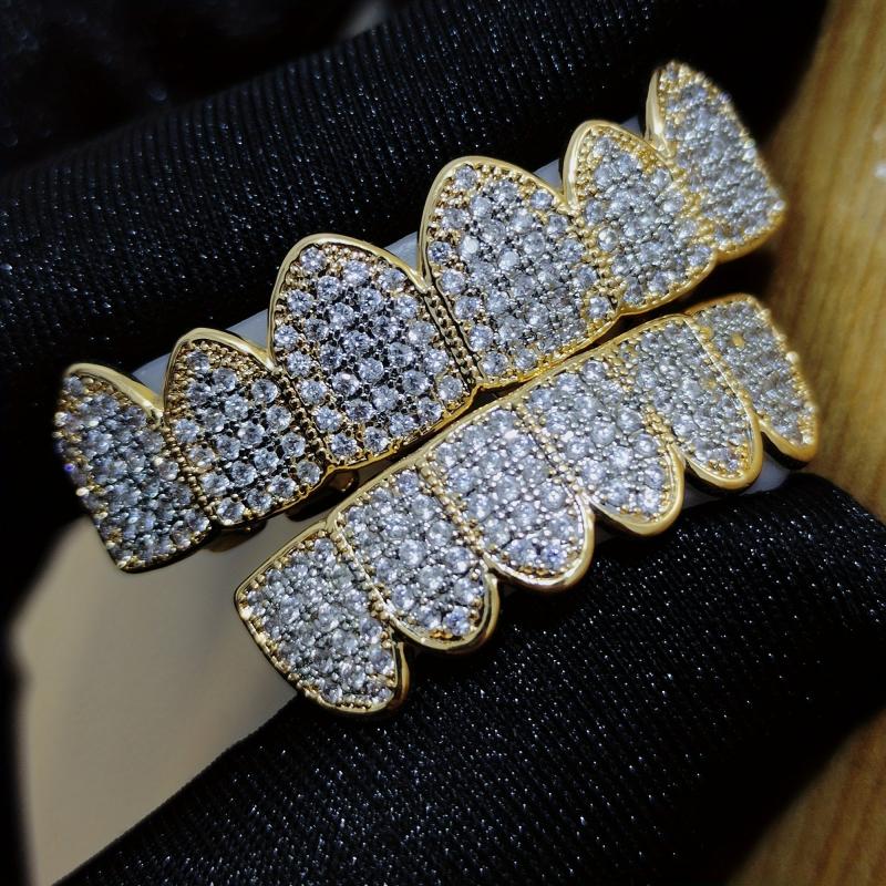Bling Iced Out CZ Teeth Grillz Set Top&Bottom Golden Silvery Teeth Barbecue Hat