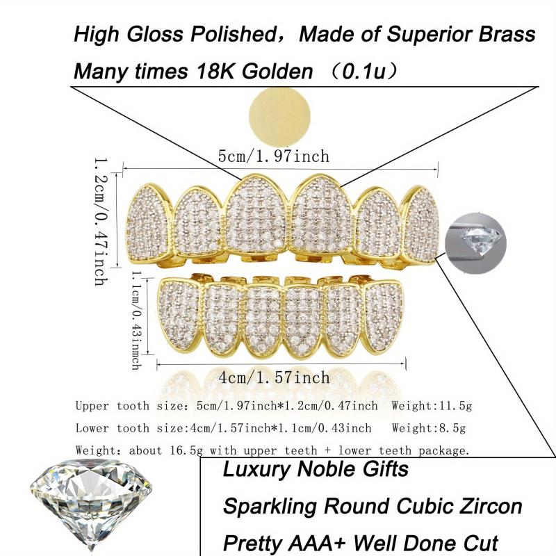 Bling Iced Out CZ Teeth Grillz Set Top&Bottom Golden Silvery Teeth Barbecue Hat