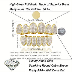 Bling Iced Out CZ Teeth Grillz Set Top&Bottom Golden Silvery Teeth Barbecue Hat