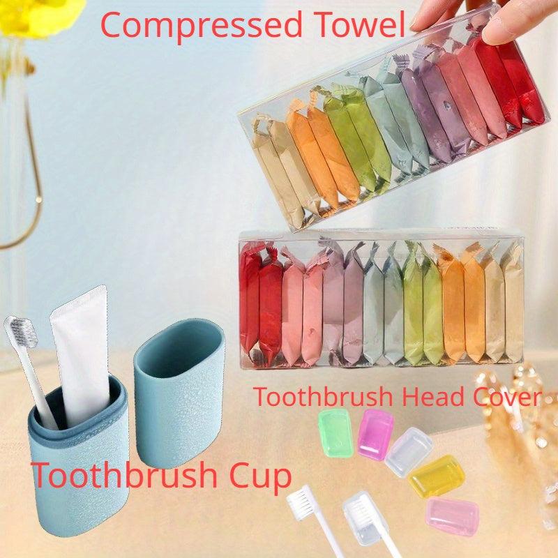 20 Pc Travel Bath Set Compressed Towels Toothbrush Cup Brush Head Cap Protectors