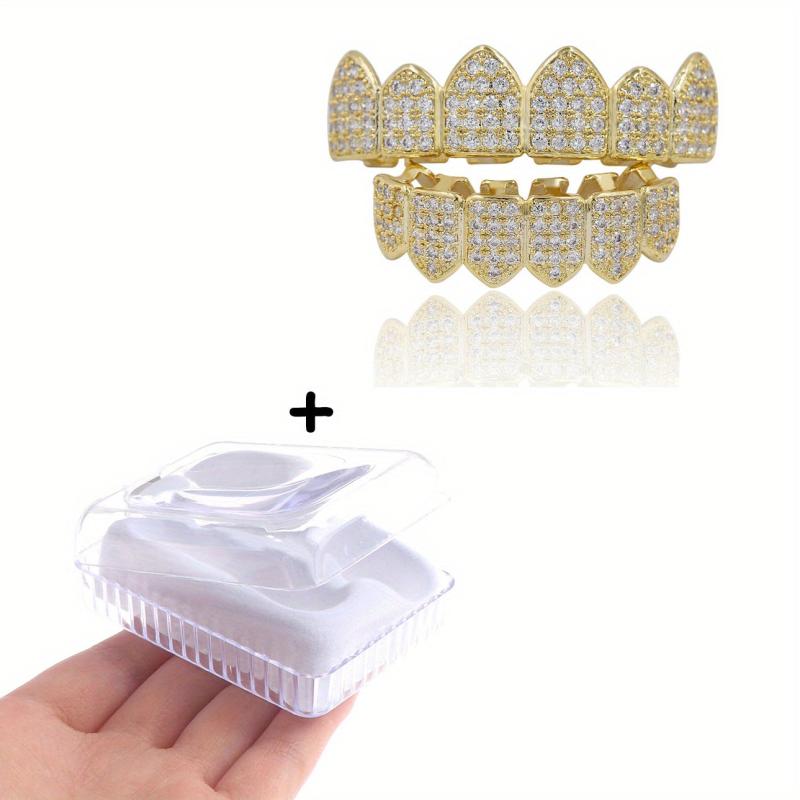 Golden Silvery Teeth Grillz Set Iced Out Top Bottom Hip Hop Rapper Jewelry