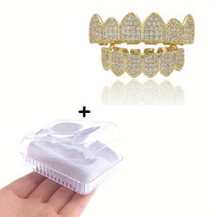 Golden Silvery Teeth Grillz Set Iced Out Top Bottom Hip Hop Rapper Jewelry