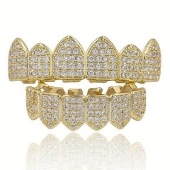Golden Silvery Teeth Grillz Set Iced Out Top Bottom Hip Hop Rapper Jewelry
