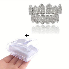 Golden Silvery Teeth Grillz Set Iced Out Top Bottom Hip Hop Rapper Jewelry