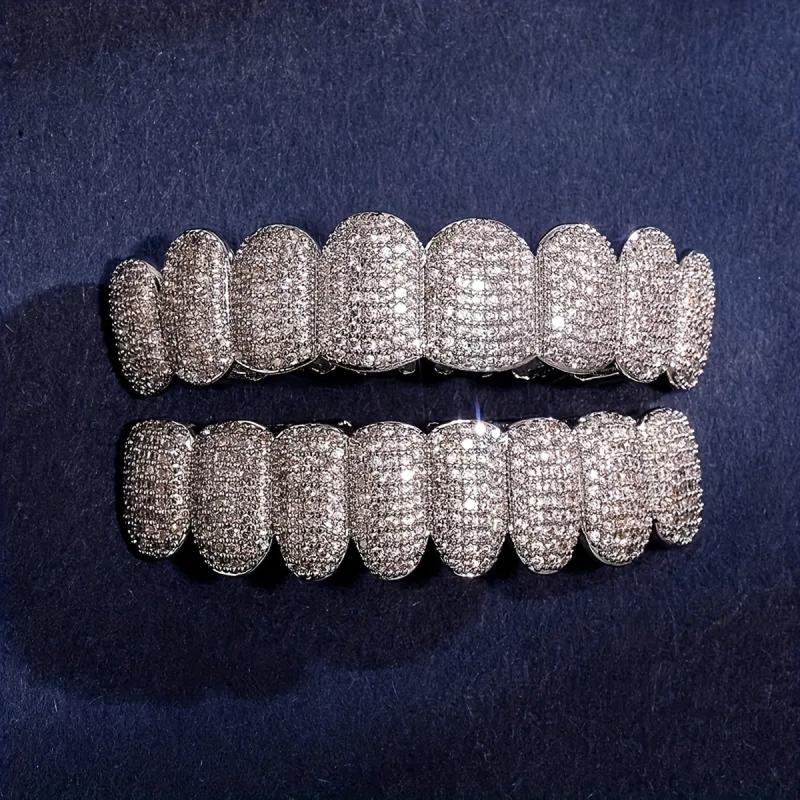 Golden Teeth Grillz Iced Out Top & Bottom Hip Hop Rapper Jewelry Gift