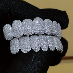 Golden Teeth Grillz Iced Out Top & Bottom Hip Hop Rapper Jewelry Gift