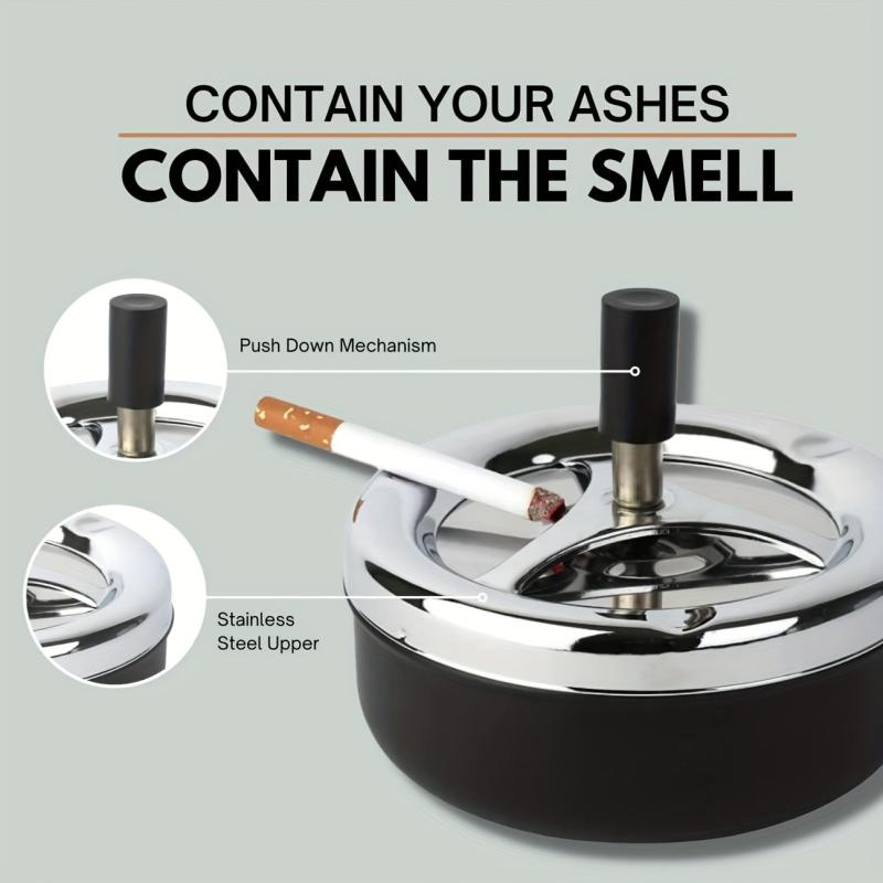Round Push Down Metal Ashtray with Spinning Tray