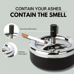 Round Push Down Metal Ashtray with Spinning Tray