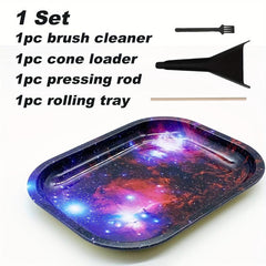 4pcs Creative Pattern Rolling Tray w/ Cleaning Brush, Pressing Rod, Cone Loader