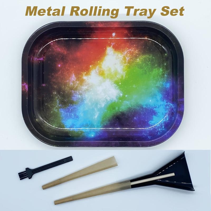 4pcs Creative Pattern Rolling Tray w/ Cleaning Brush, Pressing Rod, Cone Loader