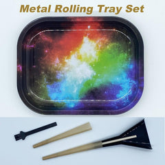 4pcs Creative Pattern Rolling Tray w/ Cleaning Brush, Pressing Rod, Cone Loader