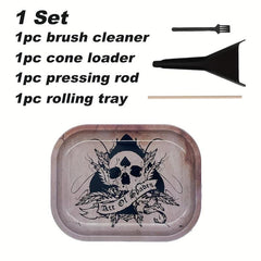 4pcs Creative Pattern Rolling Tray w/ Cleaning Brush, Pressing Rod, Cone Loader