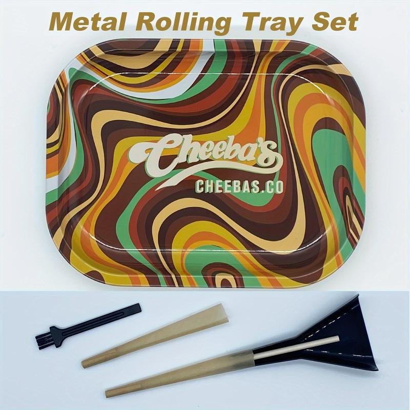 4pcs Creative Pattern Rolling Tray w/ Cleaning Brush, Pressing Rod, Cone Loader