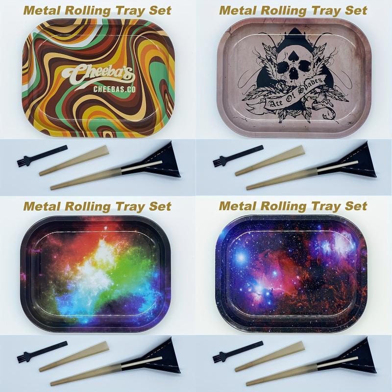 4pcs Creative Pattern Rolling Tray w/ Cleaning Brush, Pressing Rod, Cone Loader