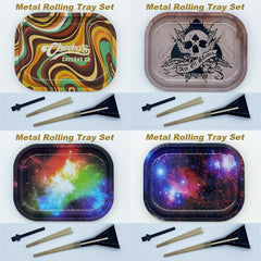 4pcs Creative Pattern Rolling Tray w/ Cleaning Brush, Pressing Rod, Cone Loader