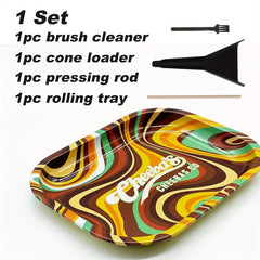 4pcs Creative Pattern Rolling Tray w/ Cleaning Brush, Pressing Rod, Cone Loader