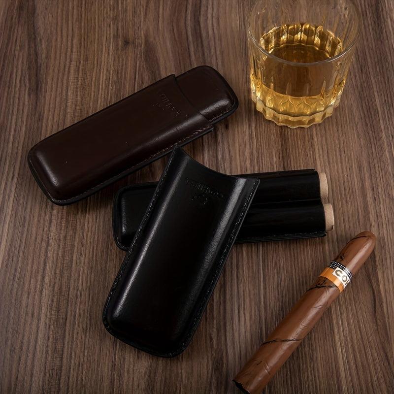 Dark Brown PU Leather Travel Cigar Case - 2 Finger Holder