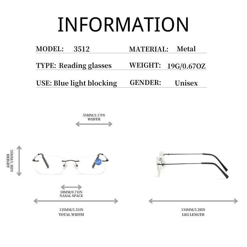 RL3512 Metal Squared Frame Rimless Light Blocking Reading Glasses