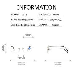 RL3512 Metal Squared Frame Rimless Light Blocking Reading Glasses