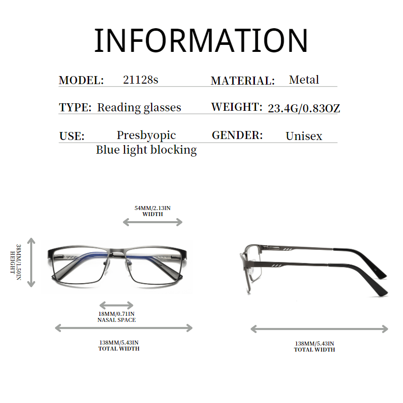 Metal Frame Light Blocking Spring Hinges Eyeglasses
