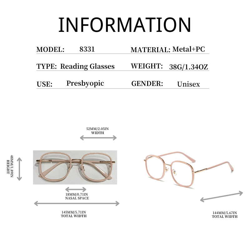 Metal Squared Frame Presbyopia Corrective Eyeglasses 1.0-4.0 Reading Glasses