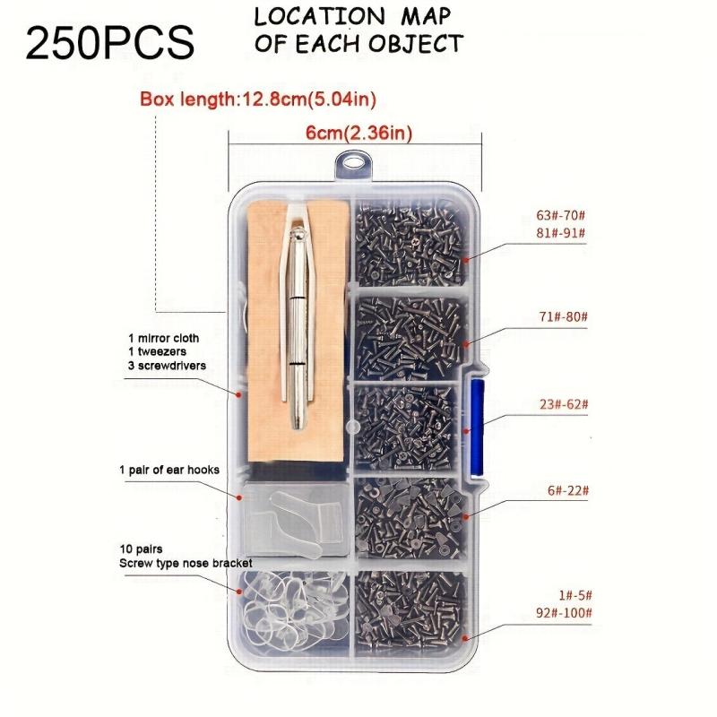 Glasses Repair Kit 250pcs - Nose Holders, Screwdriver - Repair Products